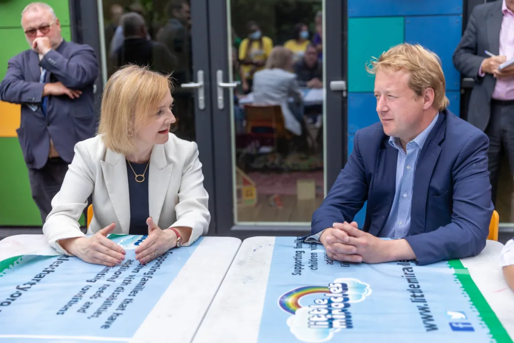 Liz Truss with Peterborough MP Paul Bristow.
Liz Truss starts campaing to be the leader of the Conservatives and next PM by visiting a childrens charity Little Miracles and talks to children and parents about the cost of living.,
Little Miracles Centre the Pinney, Peterborough
Thursday 21 July 2022.
Picture by Terry Harris. Liz Truss with Peterborough MP Paul Bristow.