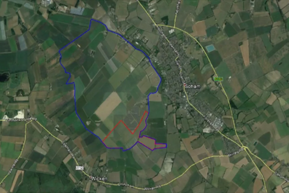 North Angle solar farm is expected to generate around 40 GWh per year, which is more than twice as much electricity as the council uses at all of its other sites combined. Red marks the Mere Farm estate. Blue indicates site of solar farm. 