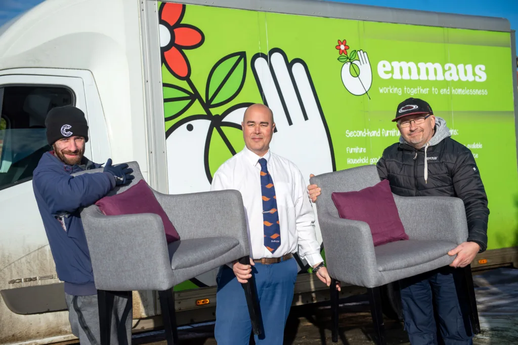 David Kelly, Stuart Burton and Darren Holloway with the furniture from Ashberry Homes’ Cortlands development in Fordham