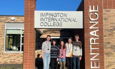 Impington International College students (pictured L-R) Toby L., Amadeu R., Kate B., Rory L., and Patrick C., celebrate receiving their Oxbridge offers