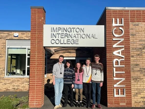 Impington International College students (pictured L-R) Toby L., Amadeu R., Kate B., Rory L., and Patrick C., celebrate receiving their Oxbridge offers