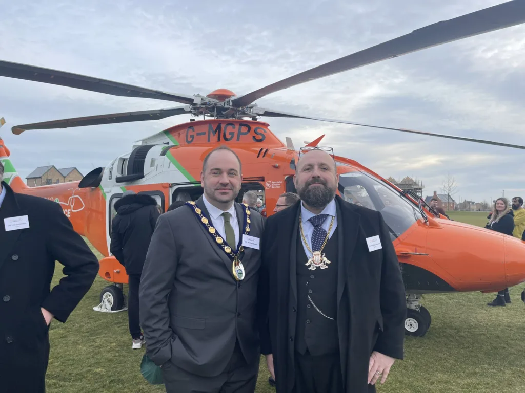 HRH the Princess Royal is patron of Magpas and on Friday popped in to Cambridgeshire to see progress on the charity’s new £7m HQ. Guests included Cllr Stephen Ferguson (right) and Cllr Michael Burke