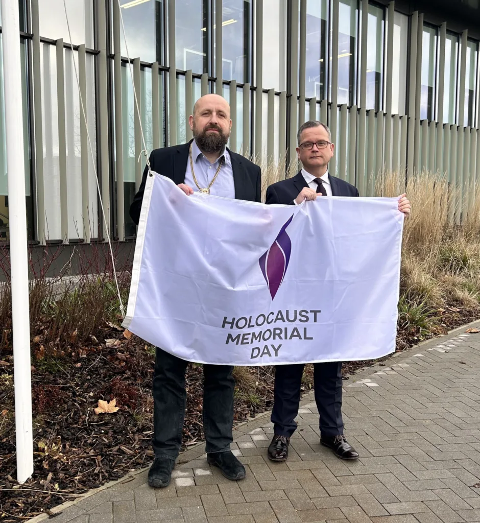 Mr Moir, again with council chair Cllr Stephen Ferguson, observing Holocaust Memorial Day by raising the memorial flag. “The theme is ordinary people. The victims of genocide are ordinary, the perpetuators of genocide are ordinary & the bystanders are ordinary. We mustn’t be ordinary,” Mr Moir said. 