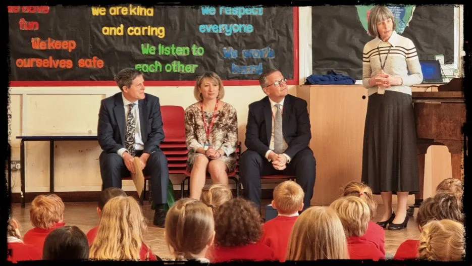 At Harston and Newton school to join celebrations for Mrs Siobhan Rouse, 25 years a head teacher. Mr Moir joined the assembly in the company of Anthony Browne (MP) and county councillor Maria King. 