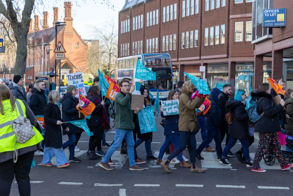 Day of protest by Peterborough teachers who joined a march to protest about pay and conditions; other unions and supporters joined them. PHOTO: Terry Harris