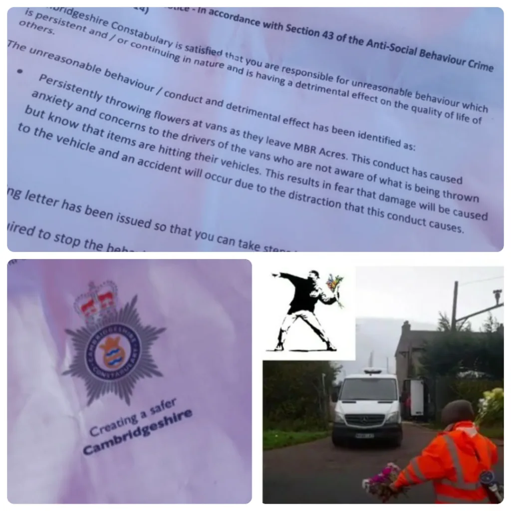 A Camp Beagle protestor has been threatened with a community protection order by Cambridgeshire police for “persistently throwing flowers at vans as they leave MBR Acres”.
