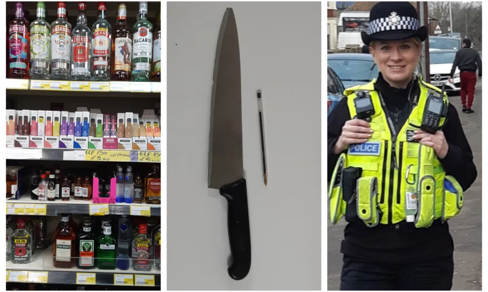 Photos from Peterborough police of their spot checks on off licences and shops in Woodston and Fletton. They took away a knife found next to a till in one of the shops.