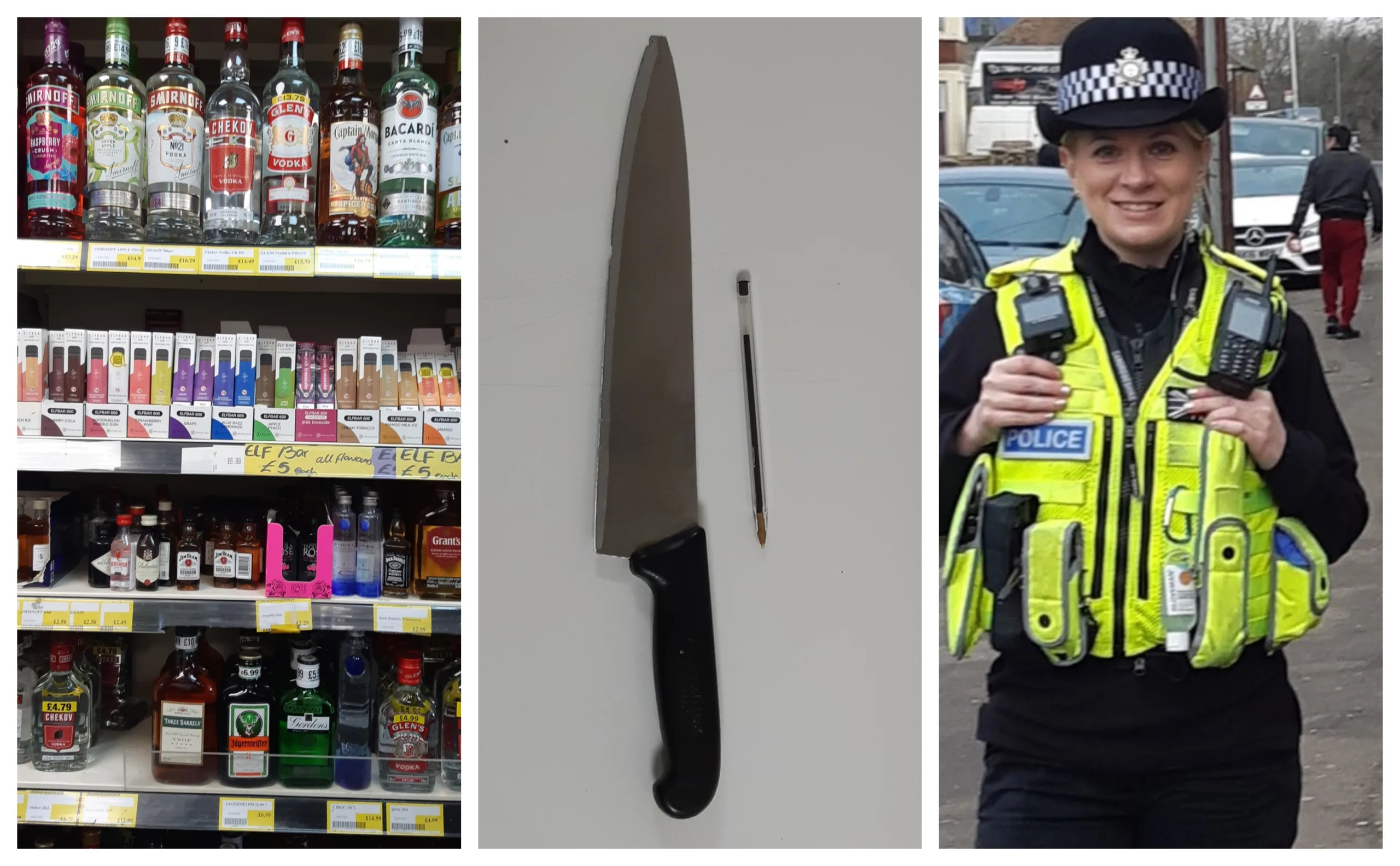 Photos from Peterborough police of their spot checks on off licences and shops in Woodston and Fletton. They took away a knife found next to a till in one of the shops.