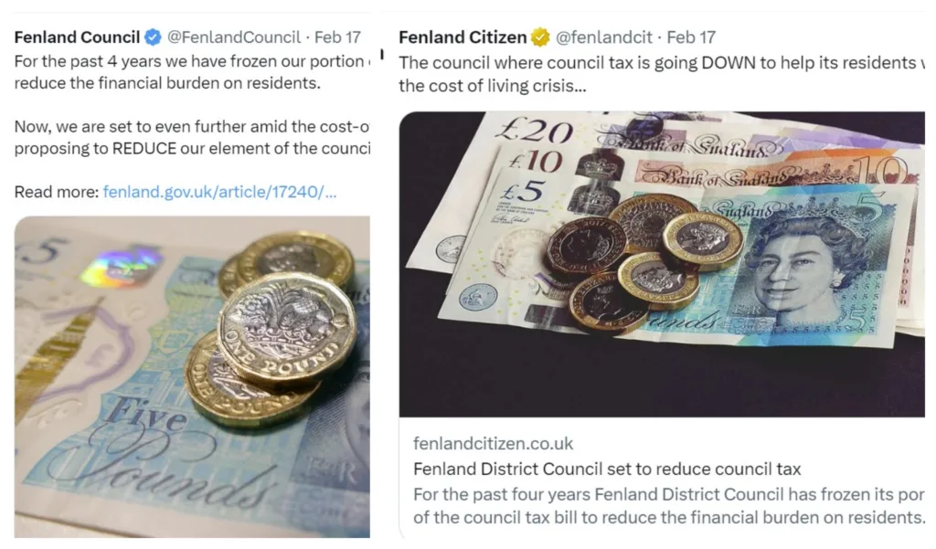 Fenland Council tweeted a more realistic appreciation of the few pounds Council Tax payers will save in the coming year: the Fenland Citizen hints at rather more to be saved! 