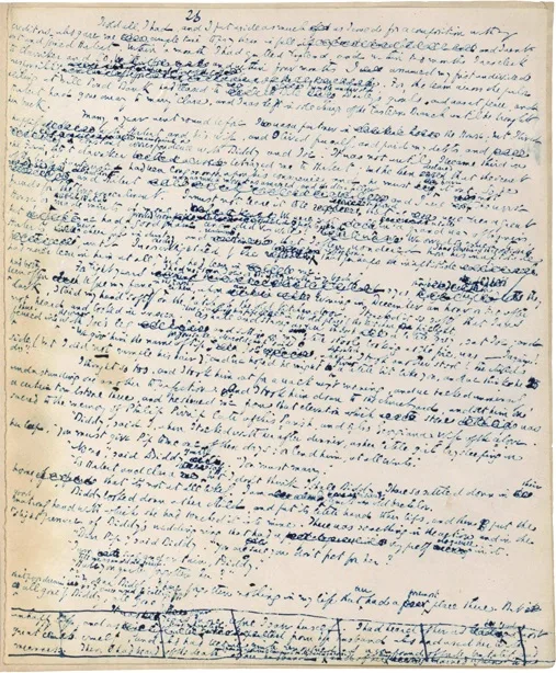 GE original ending: By the time he boxed and crossed out the first part of the novel's original ending, Dickens' handwriting was virtually illegible! 