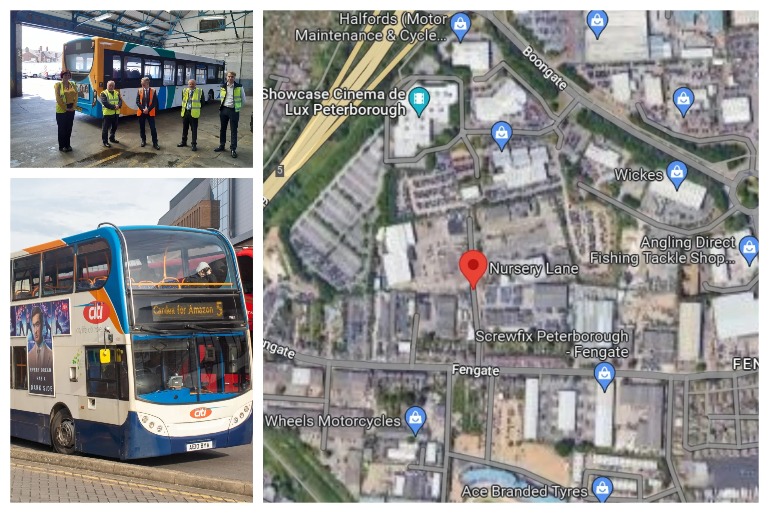 Nursery Lane, Peterborough, which could be home to new £20m bus depot. Top left: Visit 2 years ago to Stagecoach bus depot by city councillors.