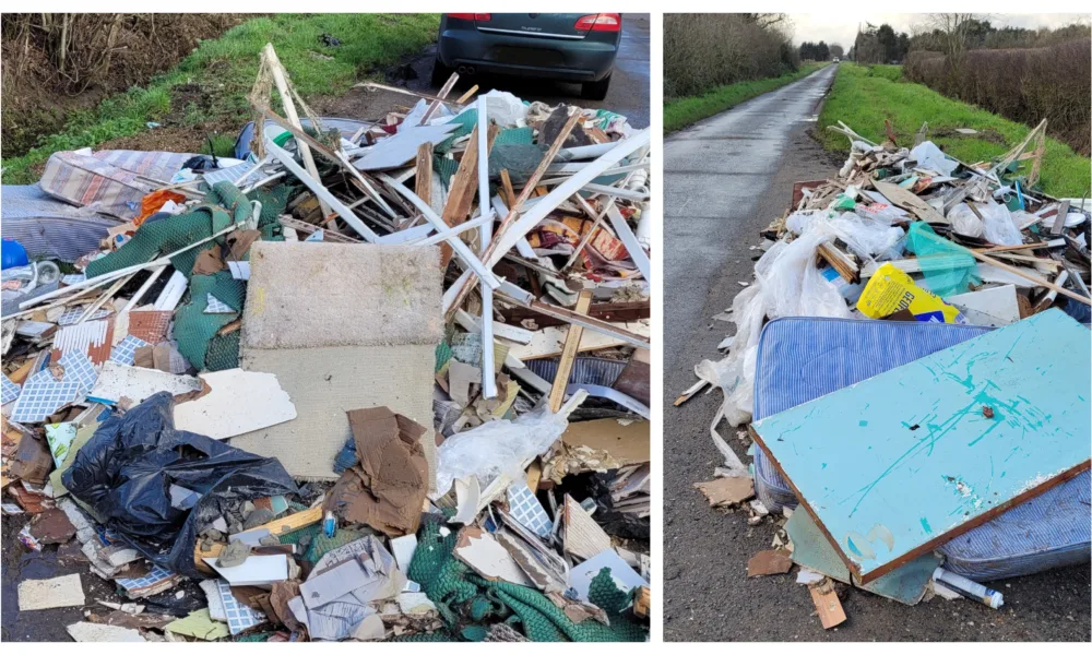The dumped rubbish in Long Drove, Cottenham, consisted of timber, mattresses, carpets, tiles, and other household waste, and was removed from a property in Huntingdon as part of renovation works.