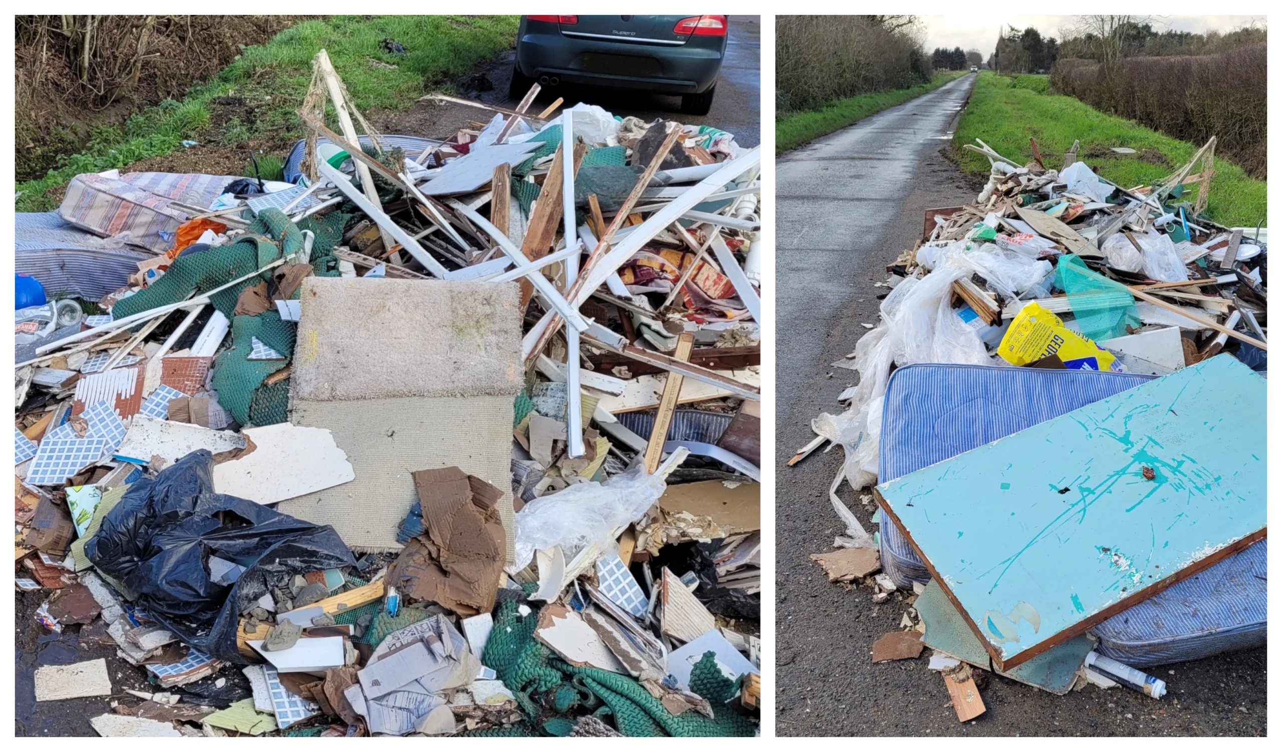 The dumped rubbish in Long Drove, Cottenham, consisted of timber, mattresses, carpets, tiles, and other household waste, and was removed from a property in Huntingdon as part of renovation works. The dumped rubbish in Long Drove, Cottenham, consisted of timber, mattresses, carpets, tiles, and other household waste, and was removed from a property in Huntingdon as part of renovation works.