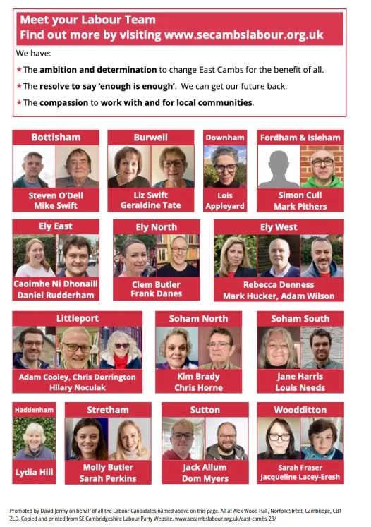 Launched today, SE Cambs Labour manifesto for East Cambridgeshire District Council and the names and faces of candidates. 