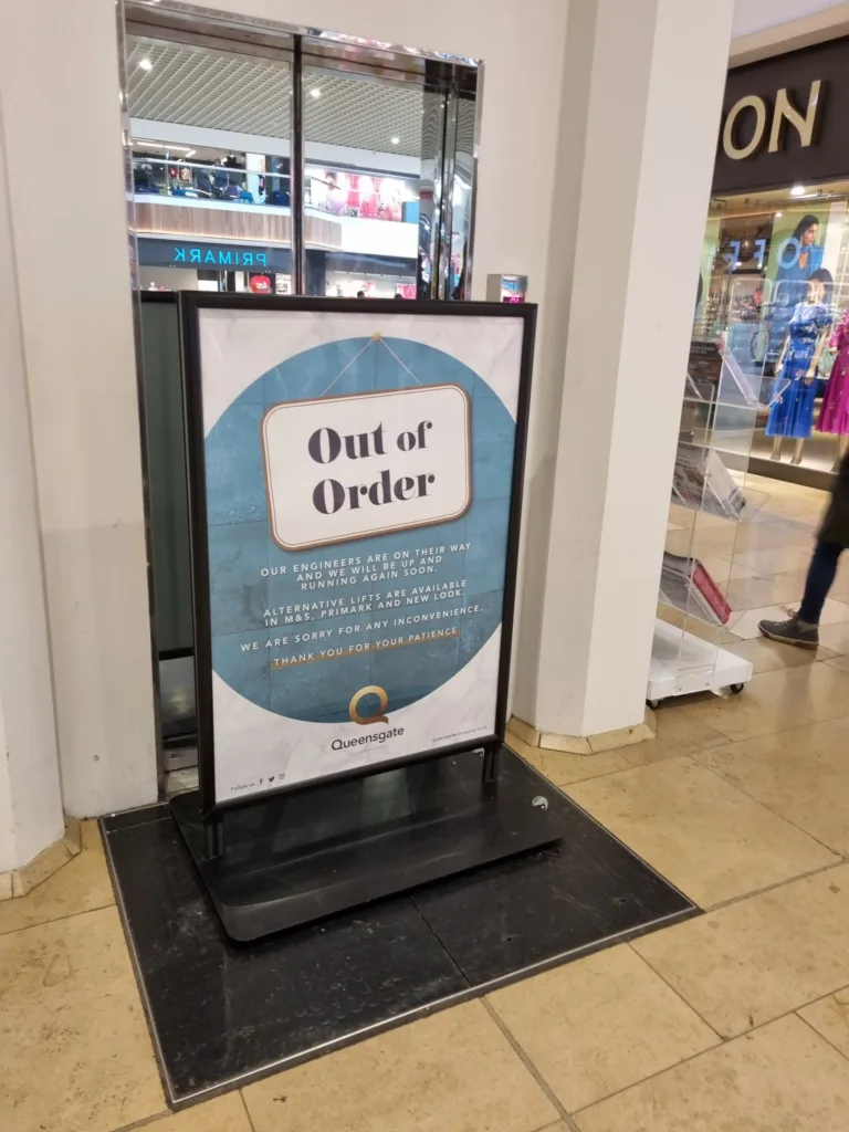 Our premier shopping venue, (circa 1992) Queensgate, is now getting in on the disability act with a new attraction entitled, ‘lifts of chance’ – sometimes they go up, sometimes they don’t, defying the old saying.