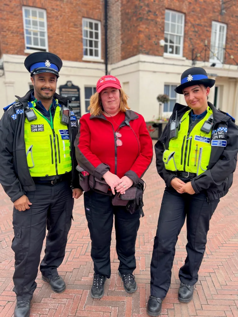 PCSO Amber-Rose Hutchinson and PCSO Rubens Borges with Huntingdon Town Ranger Sharon Wright