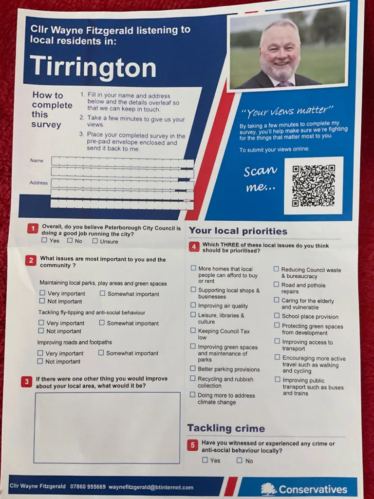 The survey sent out by Cllr Wayne Fitzgerald: “I can communicate as a councillor with residents whenever and however I want as their elected member.”