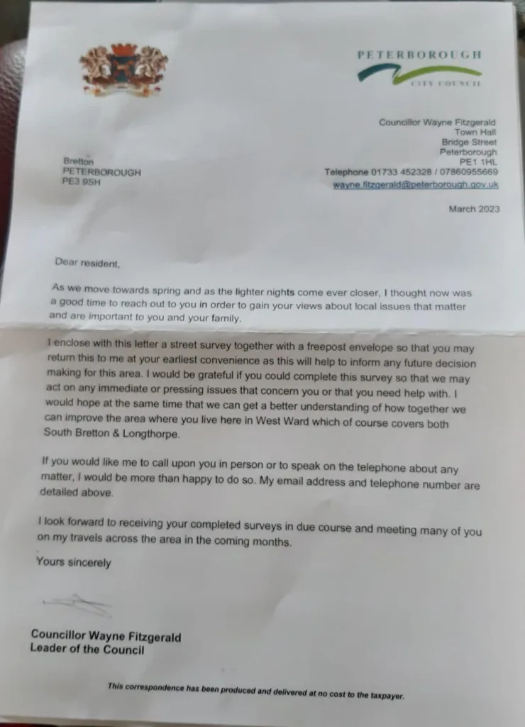 The letter sent out by Cllr Wayne Fitzgerald: “I can communicate as a councillor with residents whenever and however I want as their elected member.”