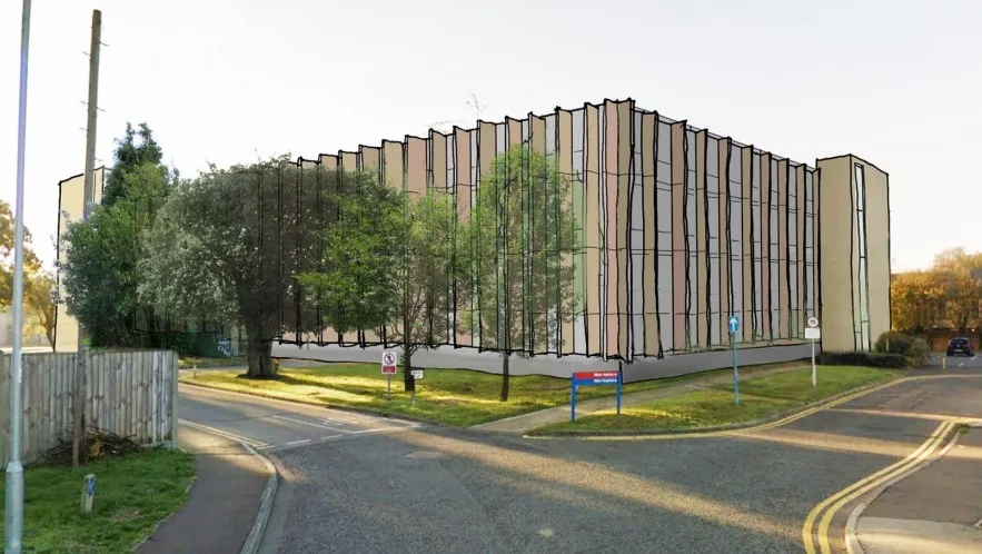 Ely hospital multi storey car park options were Option 1 - Vertical fins Option 2 – Horizontal fins Option 3 – Perforated panels. The public’s choice of vertical fins (above) has been chosen. Ely hospital multi storey car park options were Option 1 - Vertical fins Option 2 – Horizontal fins Option 3 – Perforated panels. The public’s choice of vertical fins (above) has been chosen.