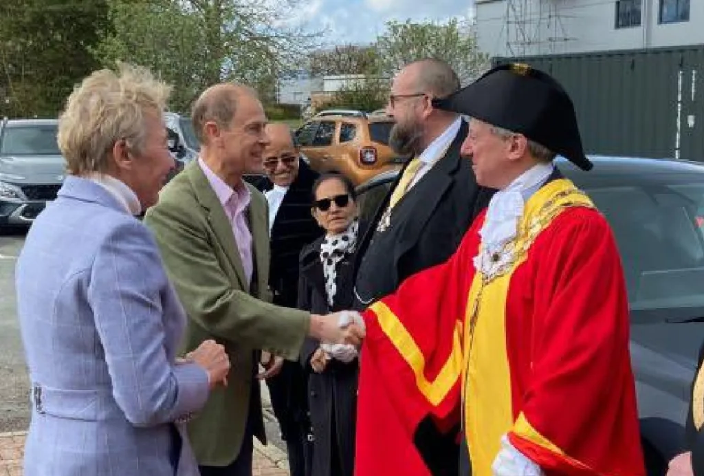 Cllr Ferguson welcoming the Duke of Edinburgh to Cambridgeshire on Wednesday