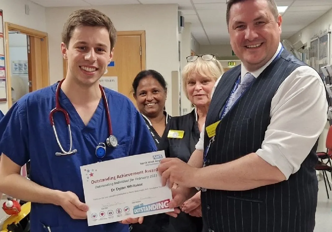 North West Anglia NHS Foundation Trust Chief Medical Officer, Dr Callum Gardner presents Dr Dylan Whitaker (left) with his Outstanding Individual of the Month certificate. North West Anglia NHS Foundation Trust Chief Medical Officer, Dr Callum Gardner presents Dr Dylan Whitaker (left) with his Outstanding Individual of the Month certificate.