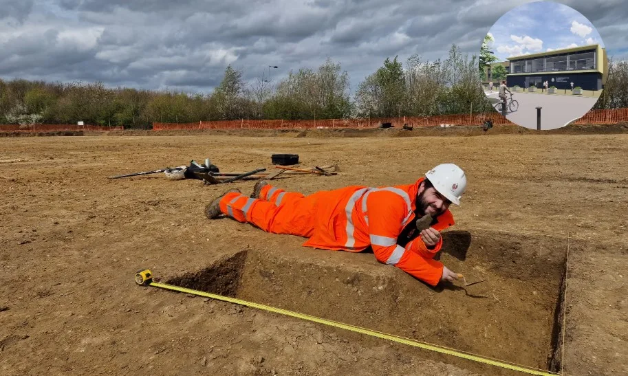 Reaching deep to retrieve some pottery and (inset) artist’s impression of the new police station at Milton. Dig photo: Archaeological Research Services Ltd Reaching deep to retrieve some pottery and (inset) artist’s impression of the new police station at Milton. Dig photo: Archaeological Research Services Ltd