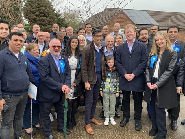 Cllr Wayne Fitzgerald (3rd left) with Prime Minister Rishi Sunak and Peterborough MP Paul Bristow last week. The prime minister was on a whirlwind visit to the city ahead of local elections.