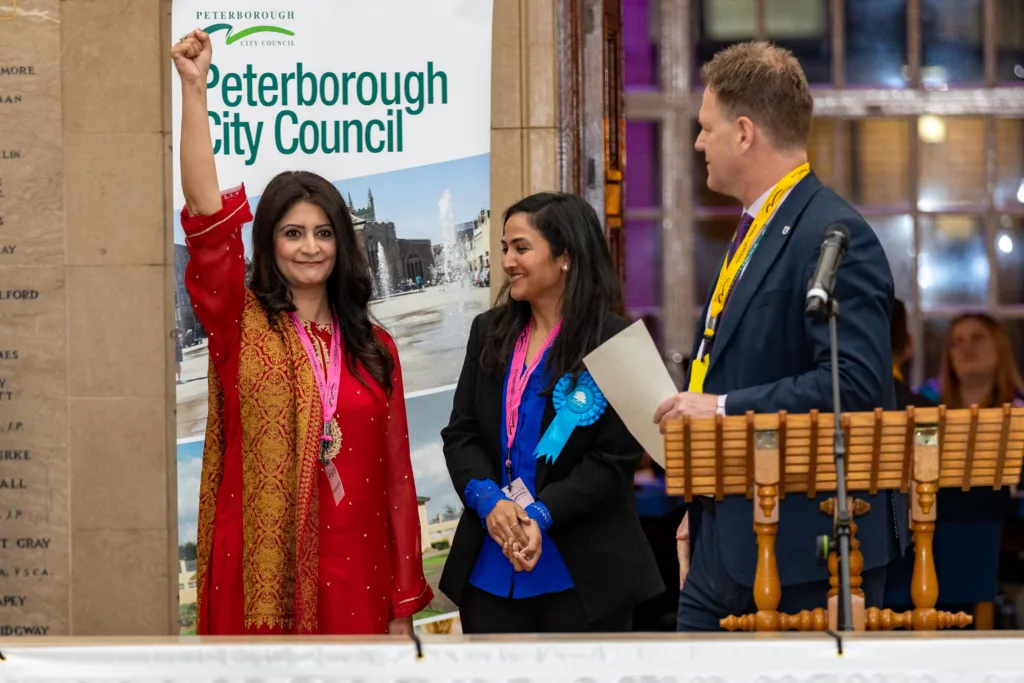 Pictured Shabina Qayyum (Labour) wins East Ward.Local election count and results, Town Hall, Peterborough Friday 05 May 2023. Picture by Terry Harris.