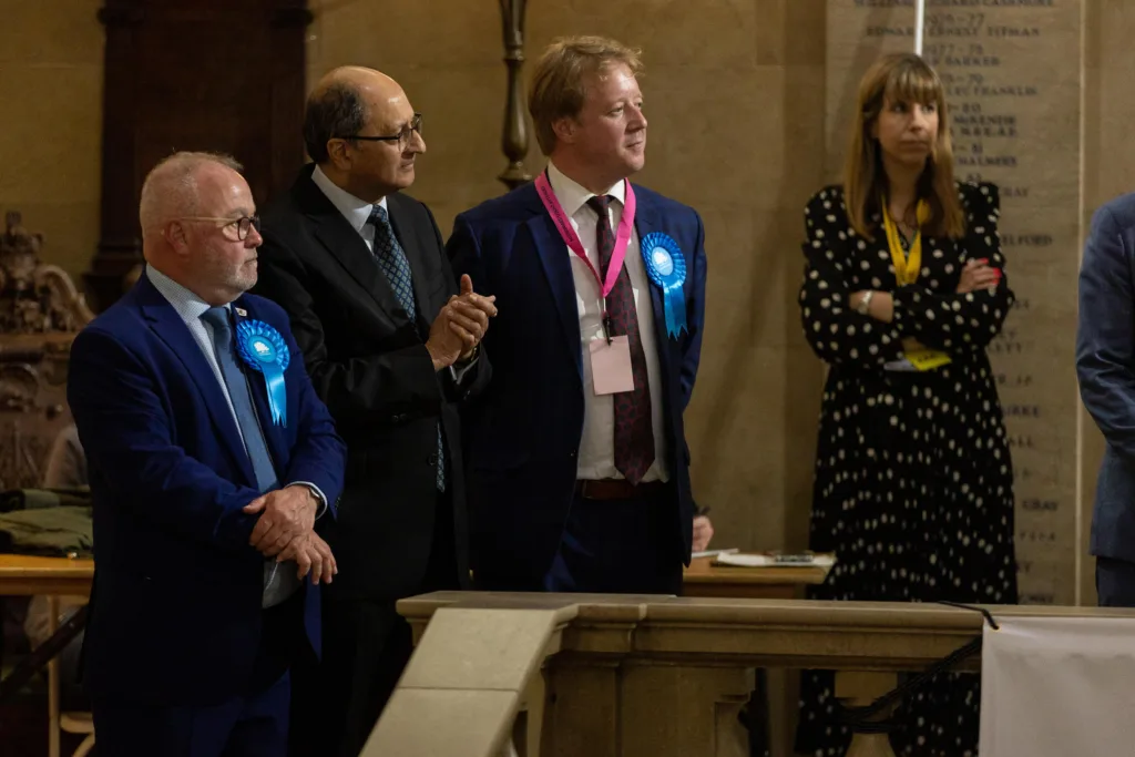  Conservative supporters, MP’s and councillors celebrate Park Ward Victory gaining 2 seats.Local election count and results,
Town Hall, Peterborough
Friday 05 May 2023. 
Picture by Terry Harris