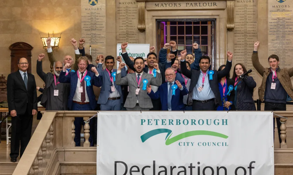 Pictured Conservative supporters, MP’s and councillors celebrate Park Ward Victory gaining 2 seats. Local election count and results, Town Hall, Peterborough Friday 05 May 2023. Picture by Terry Harris.