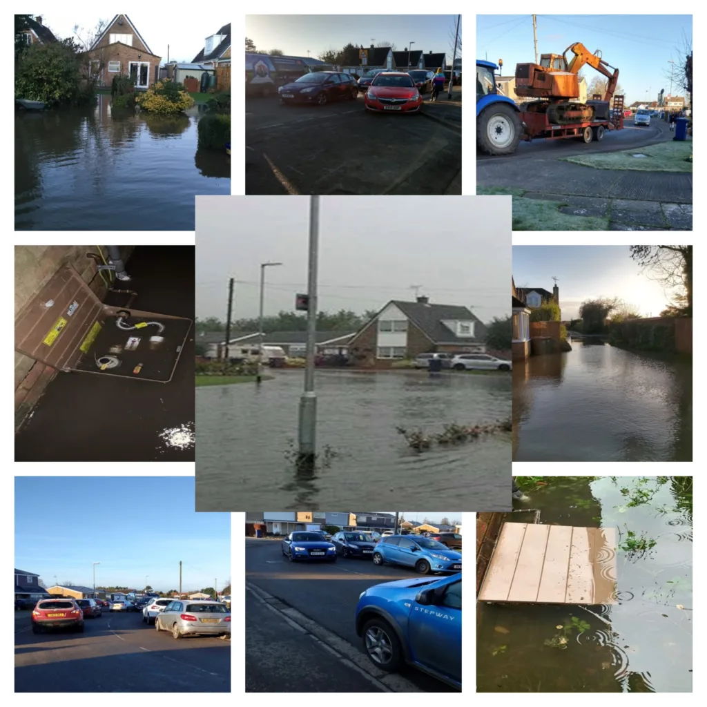 Photos provided to Fenland Council by Victoria Batterham showing flooding and traffic issues in and around the Upwell Road and Cavalry Drive area of March. Building 110 homes will exacerbate the problems, she fears, and like others wants the planning application turned down.