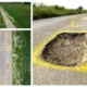 The artistic touch to draw attention to the pothole has appeared at Murrow near Wisbech and could be there for a while. PHOTO: Terry Harris for CambsNews