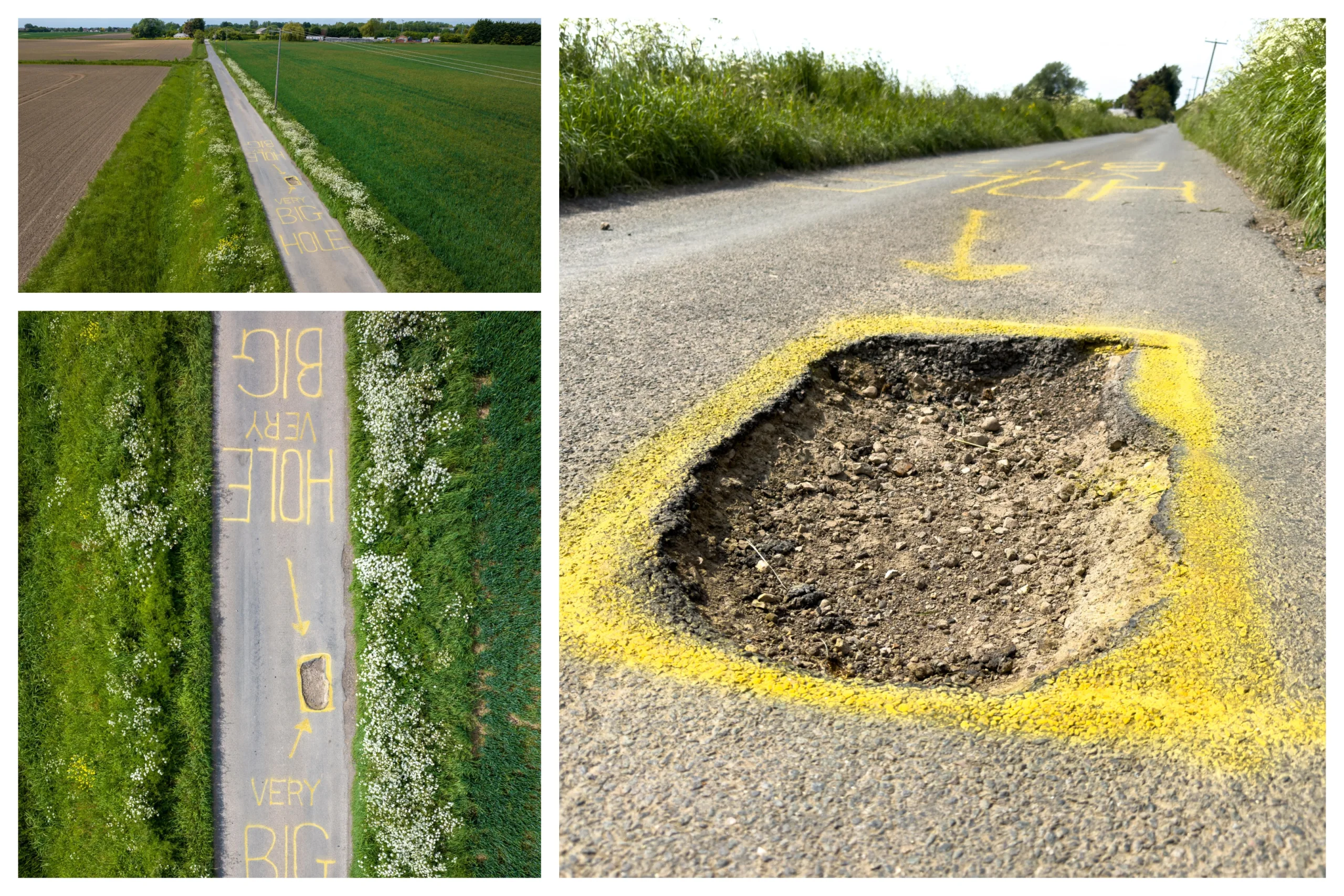 The artistic touch to draw attention to the pothole has appeared at Murrow near Wisbech and could be there for a while. PHOTO: Terry Harris for CambsNews The artistic touch to draw attention to the pothole has appeared at Murrow near Wisbech and could be there for a while. PHOTO: Terry Harris for CambsNews