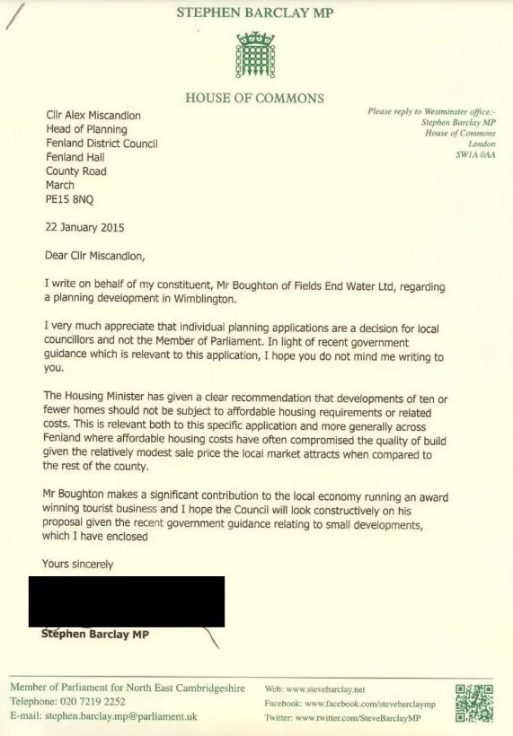 2015 letter to Fenland Council by Steve Barclay, MP