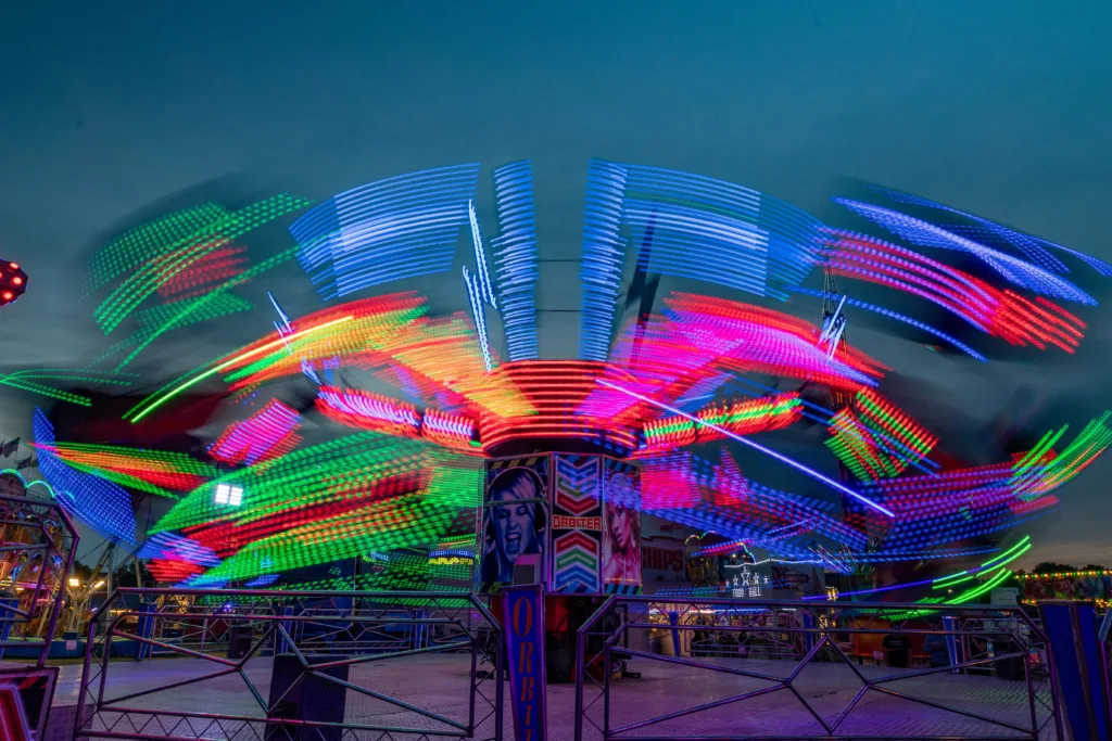 The fun fair arrives in Peterborough. Both aerial and ground level shots of different rides.,City Centre, Peterborough
Thursday 15 June 2023. 
Picture by Terry Harris.