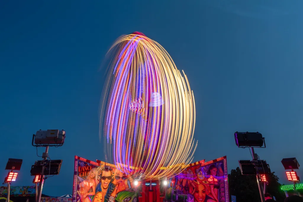 The fun fair arrives in Peterborough. Both aerial and ground level shots of different rides.,City Centre, Peterborough
Thursday 15 June 2023. 
Picture by Terry Harris.