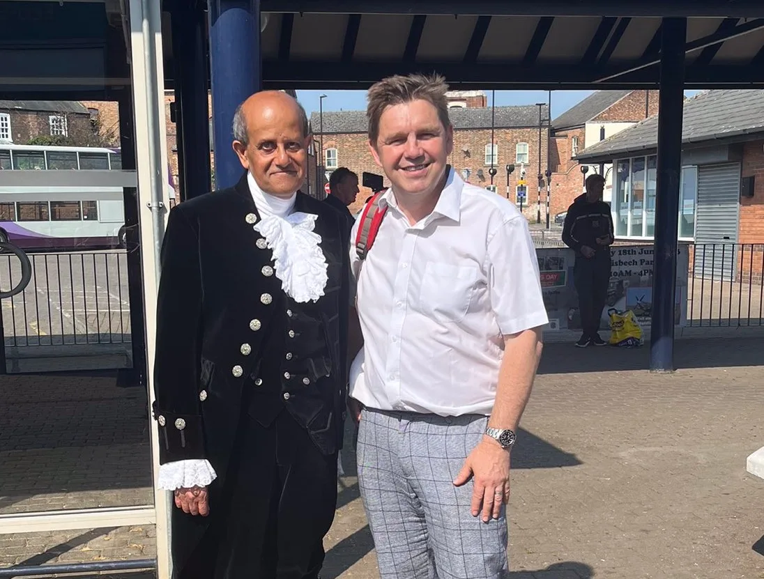 And we are off - setting off from #FabulousFens #Wisbech bus station - on course for Peterborough- a well dressed High Sheriff and true Wisbech Champion Dr Bharat Khetani