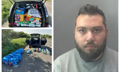 Some of the stolen items found in the Meriva and a custody image of Florin Cristea. 