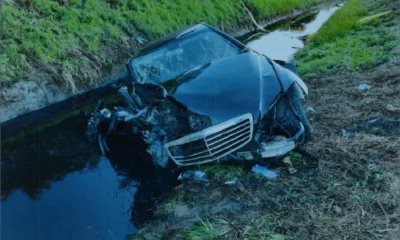 Povilas Petrosevicius caused the Mercedes to spin, come off the road and land in a water-filled ditch. Petrosevicius’ car ended up facing the wrong way on the carriageway. PHOTO: Cambs Police