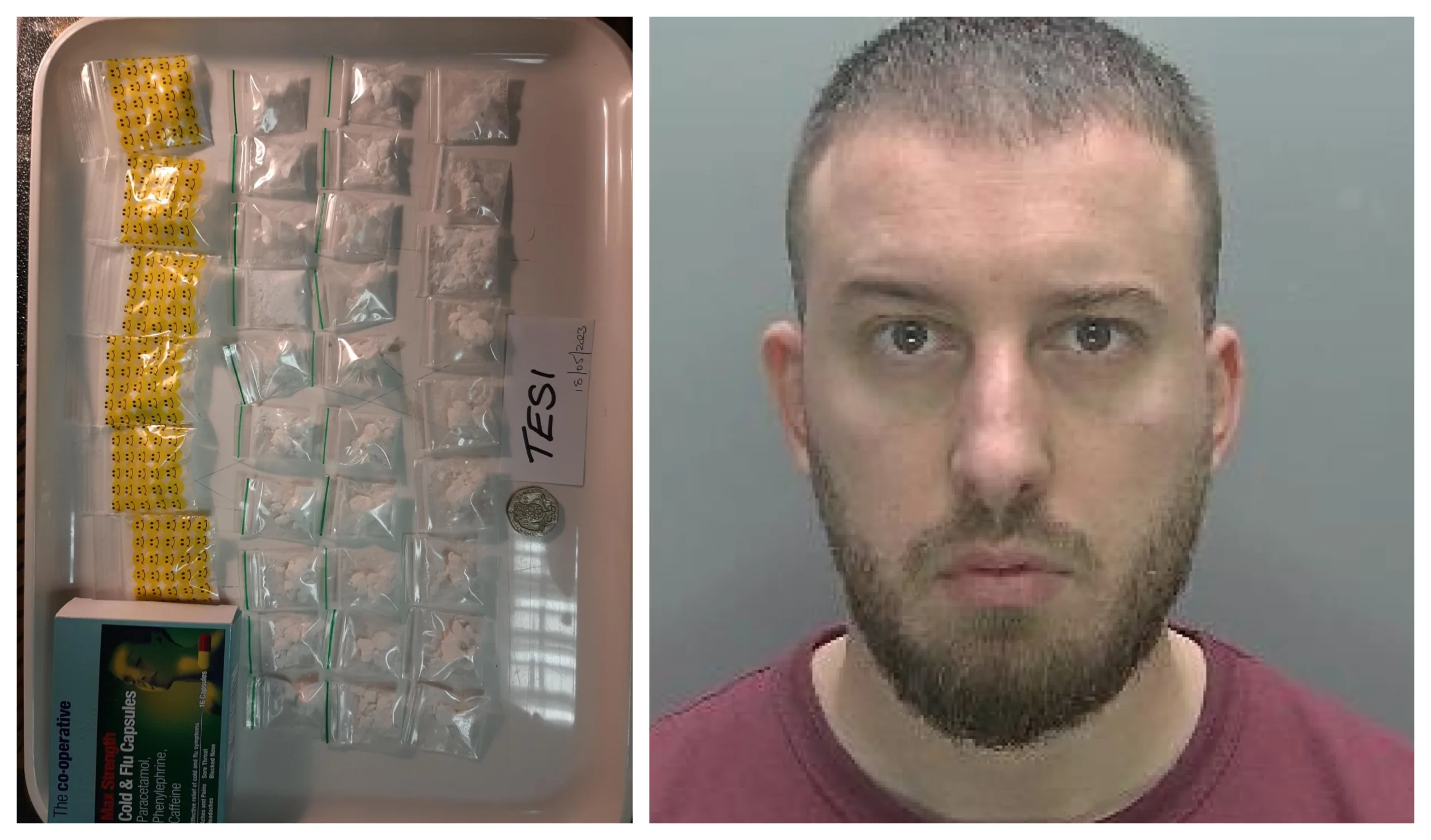Drug dealer Leonard Seferi was caught with 35 bags of cocaine, worth more than £1,850, hidden in a paracetamol packet and a second sim card in his pocket. Drug dealer Leonard Seferi was caught with 35 bags of cocaine, worth more than £1,850, hidden in a paracetamol packet and a second sim card in his pocket.