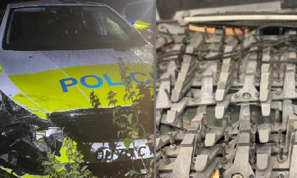 Photos released by Cambridgeshire police after a stolen car rammed a police vehicle, but the thieves were then stopped by police stinger.