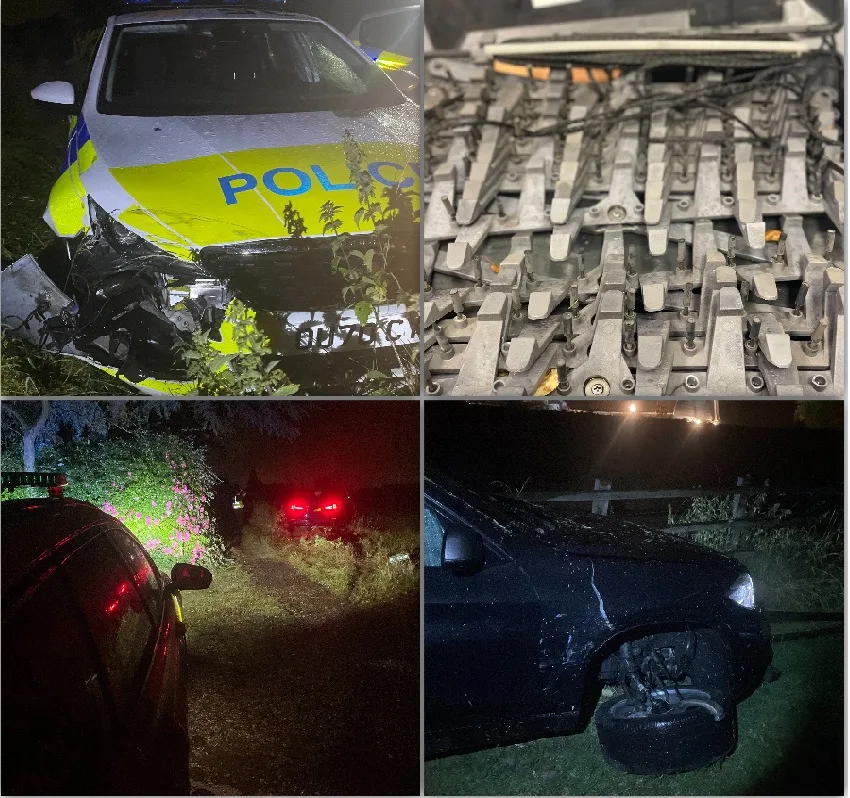 Photos released by Cambridgeshire police after a stolen car rammed a police vehicle, but the thieves were then stopped by police stinger. 