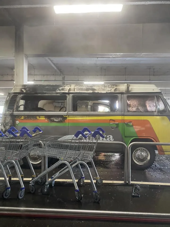 The camper van that caught fire in Tesco Extra car park, Wisbech, today. 