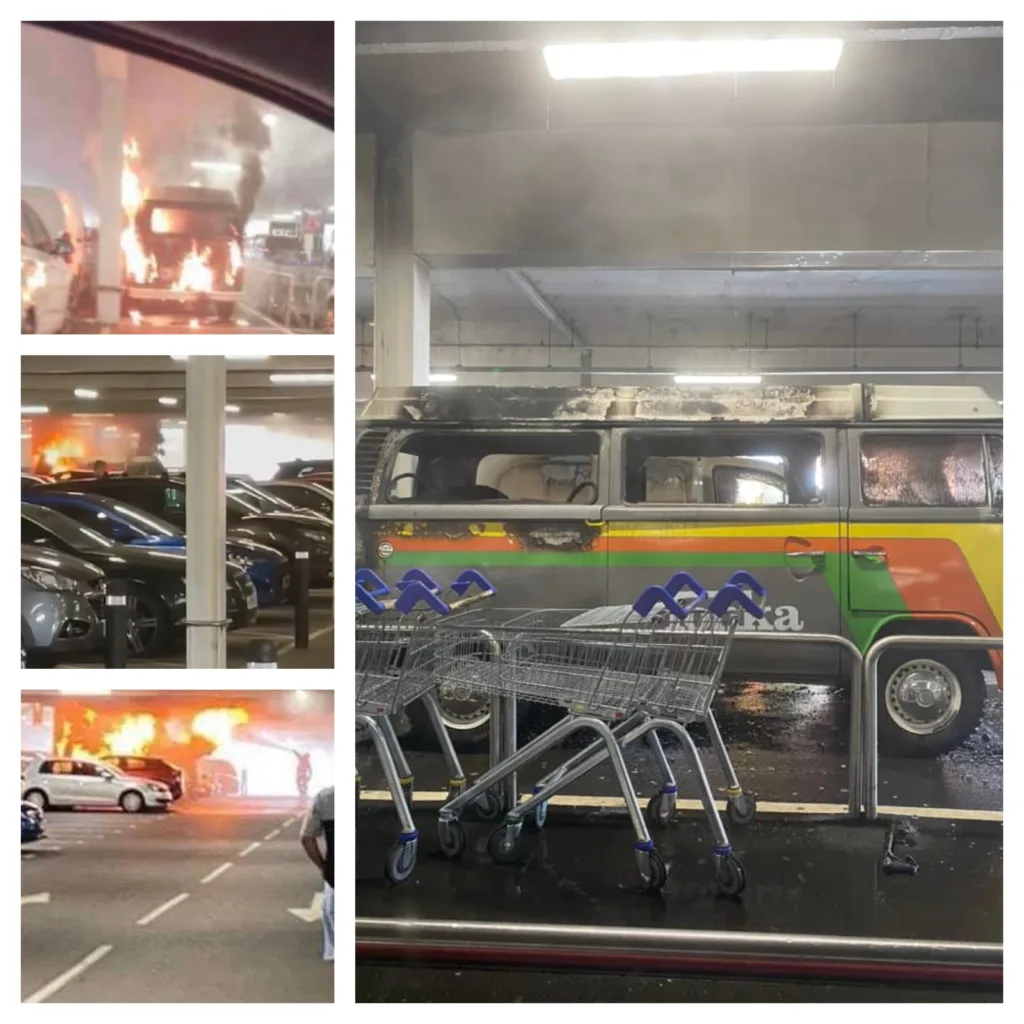 Compilation of images from the camper van that caught fire in Tesco Extra car park, Wisbech, today.