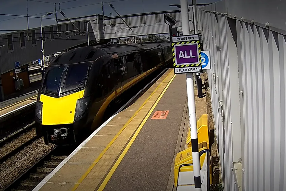 Station CCTV image of the train slowing down at Peterborough platform 1 following the over speeding incident at 1300 hours on 4 May 2023. (Photo courtesy of LNER).