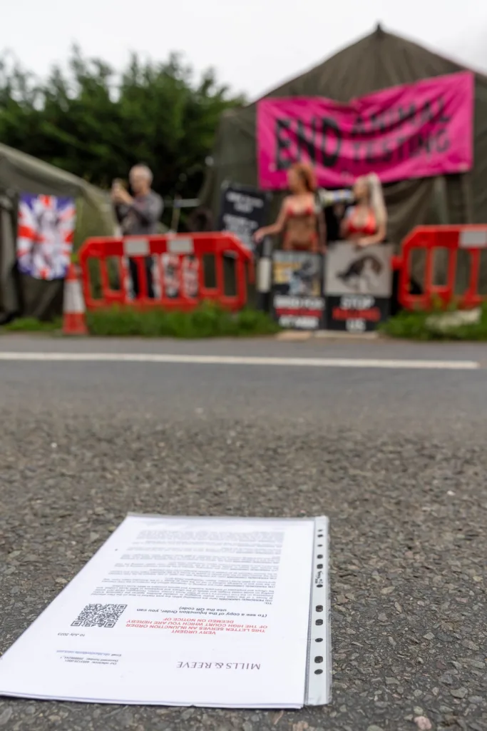 Babestation Zoe Grey and Stella Paris turn up to raise awareness of animal testing at MBR Acres,Bailiffs on behalf of Mills and Reeves throw papers at people in an attempt to serve them but just litter the highway. MBR Acres, Huntingdon Monday 10 July 2023. Picture by Terry Harris