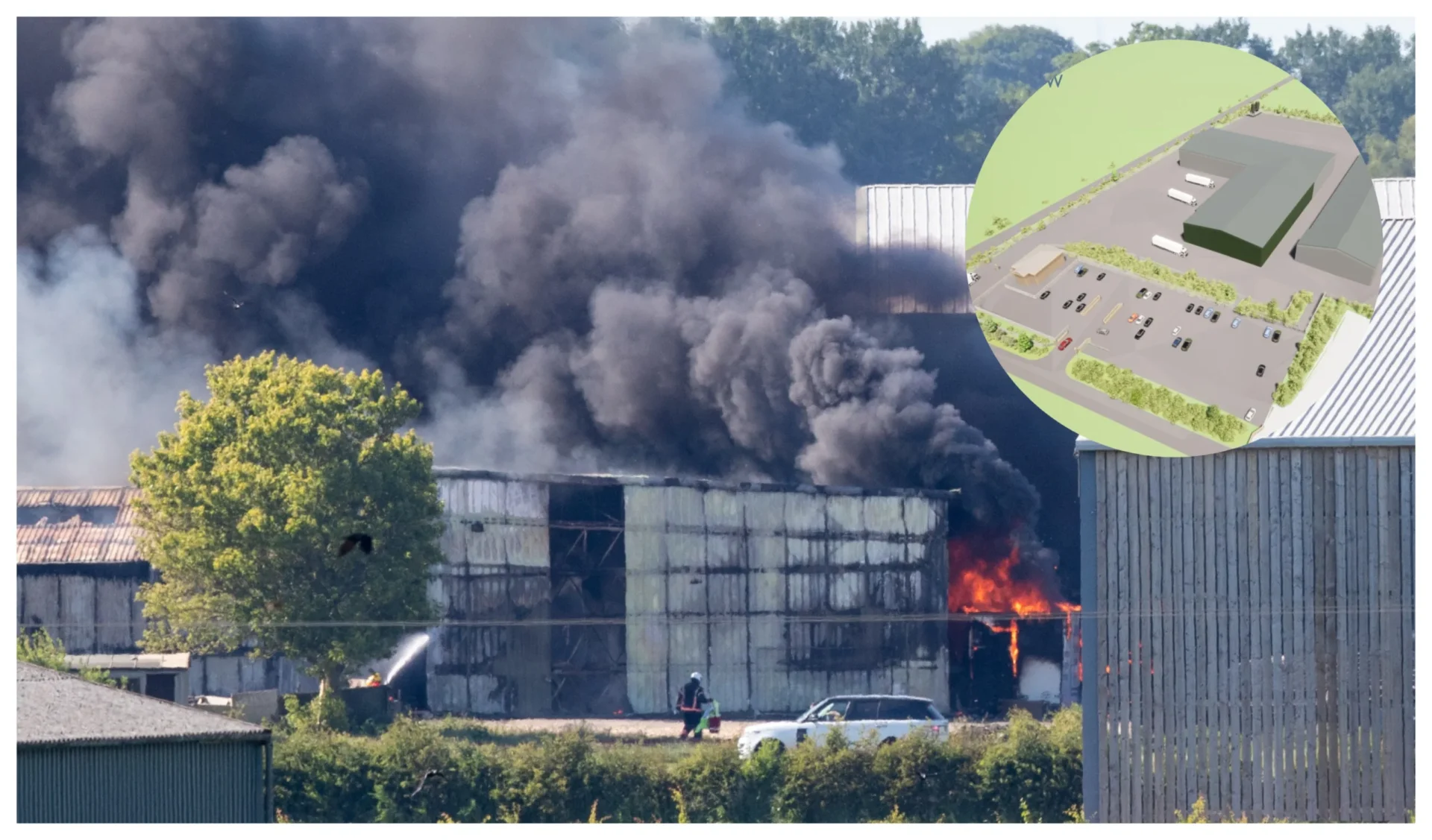 corkers final - News for Peterborough and Cambridgeshire News for Peterborough and Cambridgeshire - Flashback to the fire in May 2020 with (inset) concept by Corkers of new factory planned for the site at Willow Farm near Ely.