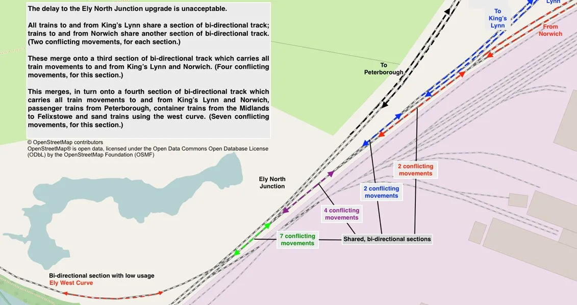 The route is the UK’s most intensively used freight corridor – but Ely’s mixture of single-track sections, restricted speeds, level crossings and signalling limitations have created a stranglehold where five lines compete for one track.
Graphic kindly provided by a reader who campaigns for local rail and bus improvements The route is the UK’s most intensively used freight corridor – but Ely’s mixture of single-track sections, restricted speeds, level crossings and signalling limitations have created a stranglehold where five lines compete for one track.