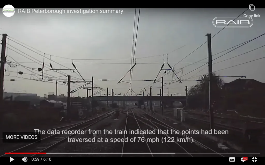 Andrew Hall, Chief Inspector of Rail Accidents said: “The outcome could have been much worse, as analysis showed the train was close to overturning.” RAIB findings into incident at Spital Junction, Peterborough, in April 2022.