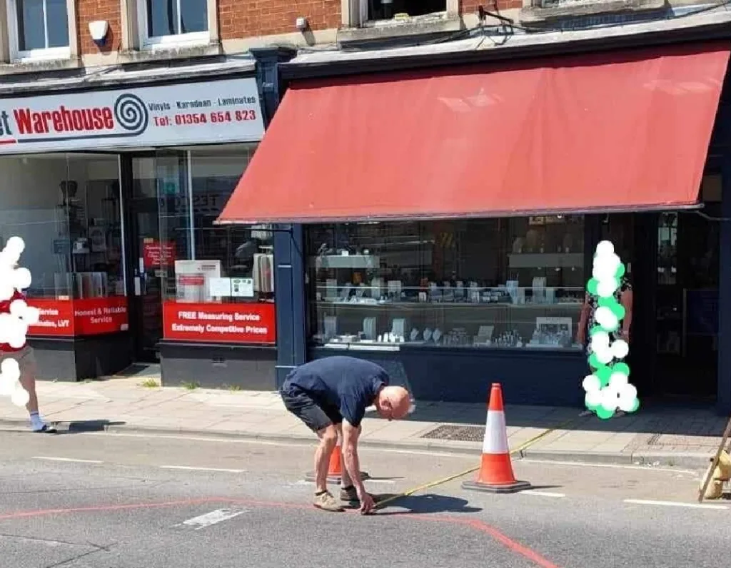 You can’t, of course, beat an old fashioned tape measure to check the measurements of the fountain to Malletts– you know the outline of where the fountain is since the marking was undertaken, officially, by Fenland Council.